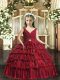 Red Ball Gowns Beading and Ruffled Layers Pageant Dress Toddler Backless Sleeveless Floor Length