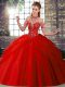 Popular Red Ball Gowns Beading and Pick Ups Vestidos de Quinceanera Lace Up Tulle Sleeveless