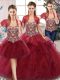 Three Pieces 15 Quinceanera Dress Burgundy Off The Shoulder Tulle Sleeveless Floor Length Lace Up
