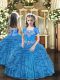 Inexpensive Sleeveless Floor Length Beading and Ruffles Lace Up Kids Pageant Dress with Baby Blue