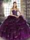 Dark Purple Tulle Lace Up Sweetheart Sleeveless Floor Length 15th Birthday Dress Beading and Ruffles