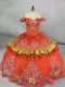 Decent Embroidery Ball Gown Prom Dress Orange Red Lace Up Sleeveless Floor Length