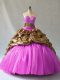 Fitting V-neck Sleeveless 15 Quinceanera Dress Brush Train Beading and Pick Ups Lilac Organza and Printed