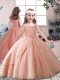 Enchanting Peach Off The Shoulder Lace Up Beading Pageant Gowns For Girls Sleeveless