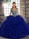 Fitting Straps Sleeveless Tulle Quinceanera Gown Beading and Ruffles Lace Up