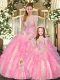 Artistic Strapless Sleeveless Ball Gown Prom Dress Floor Length Beading and Ruffles Baby Pink Tulle