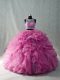Pink Organza Sweet 16 Dresses Brush Train Beading and Ruffles