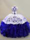 Superior Blue And White Sleeveless Floor Length Embroidery and Ruffles Lace Up Sweet 16 Dresses