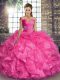 Best Selling Floor Length Lace Up Quinceanera Dresses Hot Pink for Military Ball and Sweet 16 and Quinceanera with Beading and Ruffles
