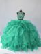 Custom Designed Sleeveless Organza Brush Train Backless 15th Birthday Dress in Turquoise with Beading and Ruffles