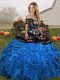 Blue And Black Organza Lace Up Sweet 16 Quinceanera Dress Sleeveless Floor Length Embroidery and Ruffles