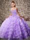 Custom Design Lavender Organza Lace Up Straps Sleeveless Quinceanera Dress Court Train Beading and Ruffled Layers