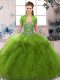 Shining Olive Green Tulle Lace Up 15th Birthday Dress Sleeveless Floor Length Beading and Ruffles