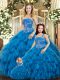 Delicate Floor Length Blue Quinceanera Gowns Tulle Sleeveless Beading and Ruffles