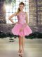 Customized Rose Pink Tulle Lace Up Evening Dress Sleeveless Mini Length Beading