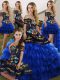 Vintage Blue And Black Lace Up Off The Shoulder Embroidery and Ruffled Layers Quince Ball Gowns Organza Sleeveless