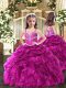 Organza Straps Sleeveless Lace Up Beading and Ruffles Pageant Dress for Teens in Fuchsia