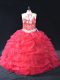 Simple Sleeveless Floor Length Beading and Lace Backless Sweet 16 Dress with Red