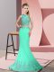 Designer Apple Green Evening Dress High-neck Sleeveless Sweep Train Zipper