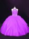 Traditional Purple Ball Gowns Halter Top Sleeveless Tulle Lace Up Beading Quince Ball Gowns