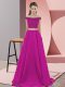Fantastic Off The Shoulder Sleeveless Sweep Train Backless Dress for Prom Fuchsia Elastic Woven Satin