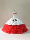 Floor Length Lace Up Quince Ball Gowns White And Red for Sweet 16 and Quinceanera with Embroidery and Ruffles Brush Train