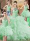 Traditional Apple Green Organza Lace Up Halter Top Sleeveless Quinceanera Gown Brush Train Beading and Ruffles