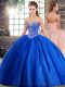 Comfortable Sweetheart Sleeveless Tulle Quince Ball Gowns Beading Brush Train Lace Up