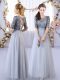 Noble Grey Tulle Lace Up Dama Dress Half Sleeves Floor Length Appliques