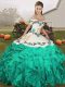 Fantastic Turquoise Lace Up Off The Shoulder Embroidery and Ruffles Quinceanera Gown Organza Sleeveless
