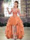 Luxurious High Low Lace Up Evening Dress Orange for Prom and Party with Beading and Ruffles