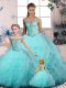 Discount Aqua Blue Off The Shoulder Neckline Embroidery and Ruffles Sweet 16 Dress Sleeveless Lace Up