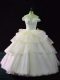 Pink Organza Lace Up Off The Shoulder Sleeveless Sweet 16 Dress Brush Train Beading and Ruffled Layers