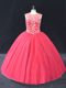 Coral Red Tulle Lace Up 15th Birthday Dress Long Sleeves Floor Length Beading