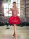 Modest Sleeveless Tulle Mini Length Lace Up Party Dress Wholesale in Red with Beading and Appliques