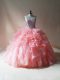 Designer Sleeveless Floor Length Beading and Ruffles Lace Up 15 Quinceanera Dress with Pink
