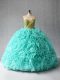 Flirting Sleeveless Beading and Ruffles Lace Up Vestidos de Quinceanera with Aqua Blue Court Train