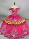 Delicate Hot Pink Ball Gowns Off The Shoulder Sleeveless Satin Floor Length Lace Up Embroidery Quinceanera Gown