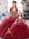 Romantic Burgundy Lace Up Off The Shoulder Beading and Ruffles Quinceanera Dress Tulle Sleeveless