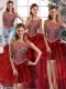 Wine Red Ball Gowns Scoop Sleeveless Organza Brush Train Zipper Beading and Pick Ups Quince Ball Gowns