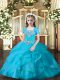 Cute Floor Length Aqua Blue Little Girl Pageant Dress Tulle Sleeveless Beading and Ruffles