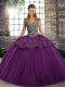 Purple Ball Gowns Straps Sleeveless Tulle Floor Length Lace Up Beading and Appliques Quinceanera Dress