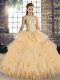 Ideal Tulle Scoop Sleeveless Lace Up Lace and Embroidery and Ruffles Quinceanera Dress in Champagne
