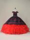 Off The Shoulder Sleeveless Brush Train Lace Up Sweet 16 Dresses Red And Black Satin and Organza