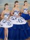 High End Sweetheart Sleeveless Quinceanera Gowns Floor Length Embroidery and Bowknot Royal Blue Tulle