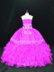 Elegant Fuchsia Organza Lace Up Strapless Sleeveless Floor Length Quinceanera Gowns Embroidery and Ruffles