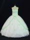 Sleeveless Tulle Floor Length Lace Up 15th Birthday Dress in White with Appliques