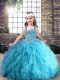 Great Aqua Blue Straps Lace Up Beading and Ruffles Pageant Gowns For Girls Sleeveless