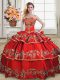 Flare Red Lace Up Sweetheart Embroidery and Ruffled Layers 15 Quinceanera Dress Satin and Organza Sleeveless