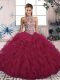 Custom Design Burgundy Ball Gowns Tulle Halter Top Sleeveless Beading and Ruffles Floor Length Lace Up 15 Quinceanera Dress